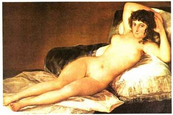Goya espainiar margolari neoklasizista handienaren Maja biluzia maisulana, 1805 inguruan, lehen heldutasun aroan, margotua, adituen ustez. Prado museoa, Madril.<br><br>